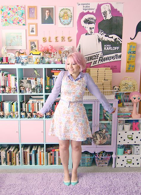 Pastel Teacher Aesthetic, Quirky Girly Outfits, Cute Librarian Outfit Geek Chic, Ta Outfits, Unif Collins Skirt, Kawaii Office, Quirky Outfits, Fairy Kei Dress For Spring Dress-up, Librarian Style