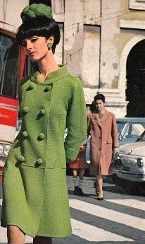 Coat in background. Front dress downsize buttons; nix two  bottom. Fashion 60s, 60’s Fashion, 1960’s Fashion, 1960 Fashion, Vintage Fashion 1950s, 60s 70s Fashion, 60s And 70s Fashion, Robes Vintage, Fashion 1960s