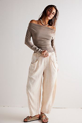 Cool Harbor Wide-Leg Pants | Free People Barrel Pants, Simple Sandals, High Road, White Linen Pants, Outfits Y2k, Moto Boots, Pull On Pants, Linen Pants, Pants Outfit