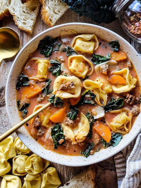 Creamy Sausage Tortellini Soup with Kale | The Lemon Apron Italian Sausage Tortellini Soup, Butternut Squash Kale, Easy Weekday Dinners, Sausage Tortellini Soup, Sausage Tortellini, Easy Weekday Meals, Italian Sausage Soup, Tortellini Pasta, Filled Pasta