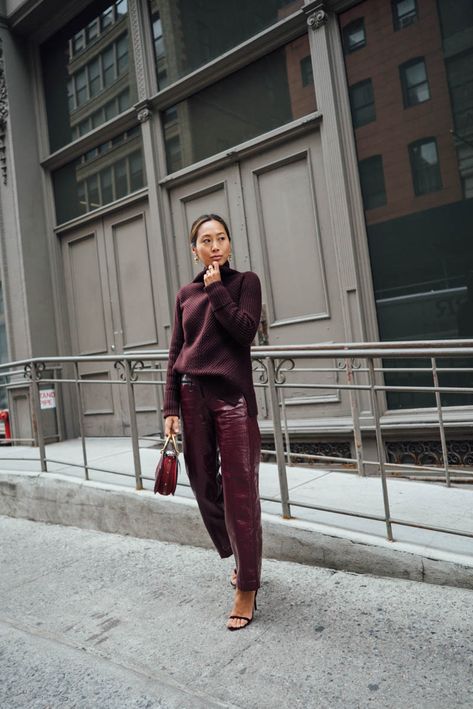 Burgundy Shoes Outfit, Vinyl Pants, Aimee Song, Fall Forward, Monochromatic Fashion, Burgundy Outfit, Burgundy Pants, Burgundy Fashion, Monochromatic Outfit