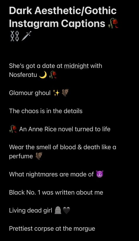 Dark aesthetic/gothic captions Pt1 Aesthetic Ig Username Ideas Dark, Captions For Dark Aesthetic Pictures, Punk Instagram Captions, Egirl Captions For Instagram, Captions About Darkness, Captions For Dark Pictures, Alt Bios For Instagram, Grudge Quotes Aesthetic, Dark Captions For Selfies