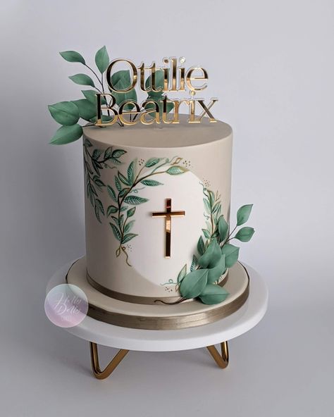 Nude Baptism Christening cake with handpainted foliage Green Confirmation Cake, Confirmation Cakes Catholic Boy, Boys Confirmation Cake, Green Baptism Cake, Cake Baptism Boy, Baptism Cakes For Boys, Confirmation Cakes For Boys, Confirmation Cakes Catholic, First Communion Cakes For Boys