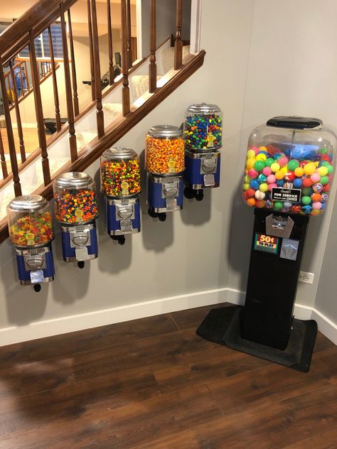 Floating Shelves Candy, Fun Game Room Ideas Basements, High School Hangout Ideas, Garage Rec Room Ideas, Vibey Basement Hangout, Garage To Game Room, Candy Display Ideas Home, Candy Room Ideas, Candy Room In House