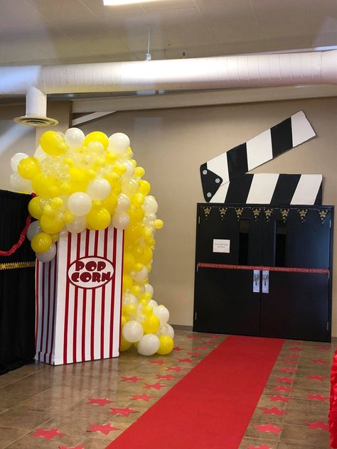 Movie Theme Set For Church Red Carpet Float Ideas, Movie Hallway Decorations School, Movie Vbs Decorations, New York Theme Birthday Party, Movie Homecoming Theme, Talent Show Themes, Shine Vbs Decorations, Movie Theater Curtains, Movie Ideas To Make