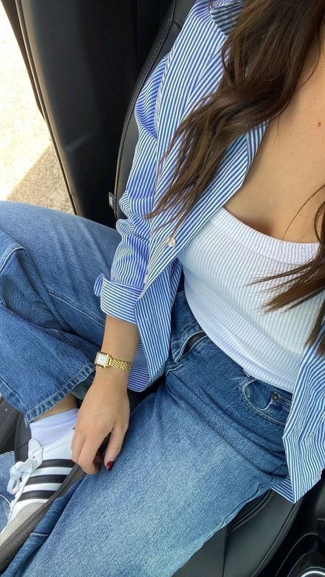 Outfits With Blue Shirts Casual, Stripe Shirts Women Outfit, Blue Jeans White Shirt Women, Blue Jeans Blue Shirt Outfit, Blue Button Down Aesthetic, Singlet Outfit Womens Fashion, Shirt Combinations Women, Blue Striped Shirt Women Outfit, Striped T Shirt Outfit Summer