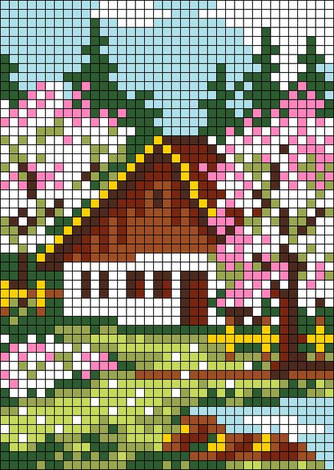 Crochet Alpha Pattern Landscape, Complex Pixel Art, Pixel Flower Art, Alpha Tapestry Pattern, Flower Pixel Pattern, Nature Pixel Art, Pixel Art House, Flower Pixel Art, Cabin Woods