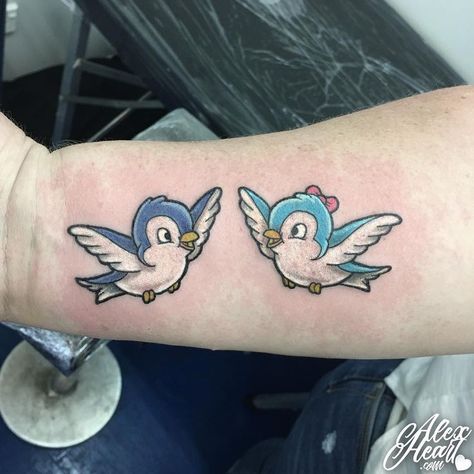 Sister Tattoos For 2 Disney, Disney Bird Tattoo, Small Sister Tattoos For 2, 3 Sister Tattoos, Princess Mononoke Tattoo, Disney Birds, Tattoos Disney, Sister Tattoos For 2, Tattoos For 2