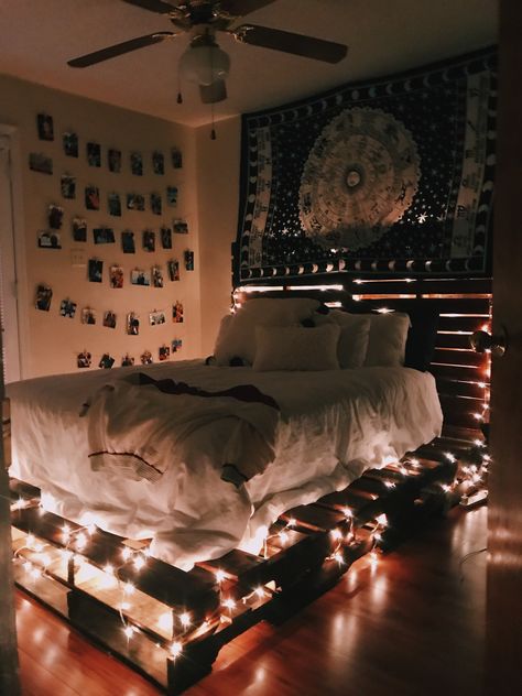 #bedframe #woodenbedframe #wooden #pallets #roomgoals #goodvibes #goodvibes #zodiac #christmaslights #relaxing Pallet Under Bed, Beds On Wooden Pallets, Pallet Board Bed Frame, Queen Size Pallet Bed Frame Diy, Pallet Bedroom Ideas, Wooden Pallet Bed Frame, Diy Pallet Bed Ideas, Bed On Floor Ideas, Pallet Wall Bedroom