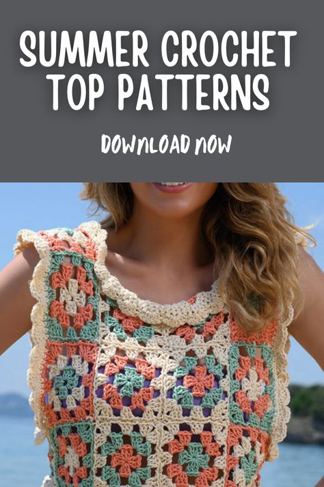 SUMMER CROCHET TOP PATTERNS Square Top Pattern, Granny Square Top Pattern, Crochet Tops Free Patterns Boho, Summer Crochet Top, Granny Square Top, Crochet Summer Tops, Square Top, Crochet Summer, Granny Squares Pattern