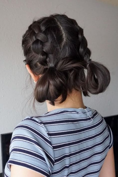 Dutch Braids Tied Into Buns Braids Hairstyles Medium Hair, Y2k Hairstyles Medium Length, Hairstyles With Two Hair Ties, Concert Hair Ideas Medium Length, Short Hair Tied Back, Hairdo Medium Hair, Hairstyles For Medium Length Hair Up, Cute Bun Hairstyles For Medium Hair, Boyish Hairstyles For Long Hair