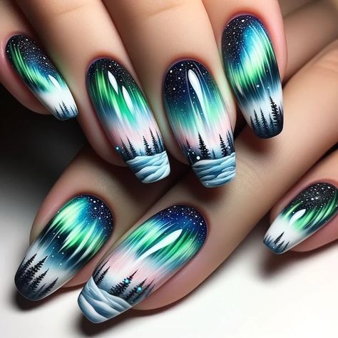 Nebula Nail Art, Northern Lights Nail Designs, Alaska Inspired Nails, Aroura Nail, Alaska Themed Nails, Arctic Nails, Northern Lights Nail Art, Alaskan Nails, Northern Light Nails