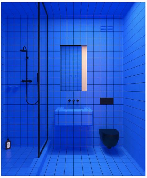 Neon bathroom Queer Design, Editorial Architecture, Pantone Palette, Restroom Design, Primary Bathroom, Nyc Brooklyn, Backdrop Ideas, Bathroom Tiles, Blue Bathroom