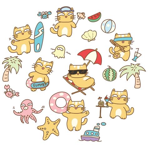 Vector summer cat illustration | Premium Vector #Freepik #vector Cartoon Starfish, Cats Funny Cartoon, Beach Cartoon, Octopus Illustration, Summer Cat, Cartoon Trees, Beach Illustration, Cat Character, Cats Illustration