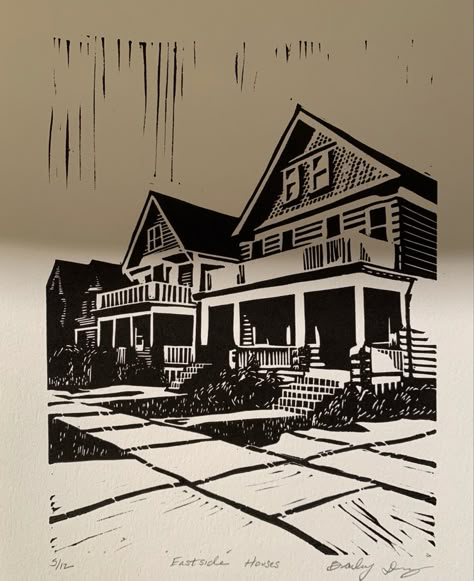 House Linocut, Jan Schmuckal, Halftone Art, Linocut Ideas, Printmaking Ideas, Woodcut Art, Urban Housing, Linoleum Print, Linocut Printmaking