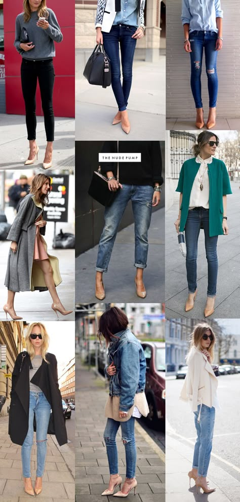 The Nude Pump | outfit inspiration - seriously need to find a good pair of nude pumps. Bone Color Shoes Outfit, Beige Pumps Outfit Work, Jeans With Pumps Outfit, Cream Pumps Outfit, Nude Shoes Outfit Work, Tan Pumps Outfit, Nude Heels Outfit Work, Jeans And Pumps Outfit, Green Pumps Outfit