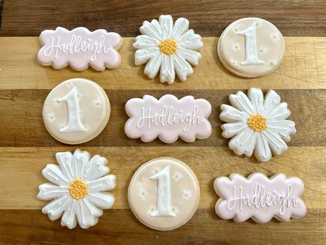 Daisy First Birthday Cupcakes, Daisy Birthday Cookies Decorated, Daisy Birthday Cookies, Daisy Sugar Cookies, Daisy Cookies, First Birthday Cupcakes, Daisy Birthday, Daisy Party, Kid Cupcakes