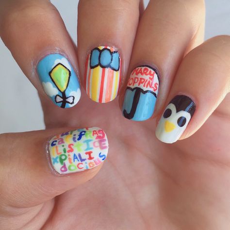 Disney Mary Poppins themed nails Mary Poppins Nail Art, Mary Poppins Nails, Disney Mary Poppins, Disney Nail, Themed Nails, Nail Art Disney, Scrapbook Collection, Nail Design Inspiration, Red Bow Tie