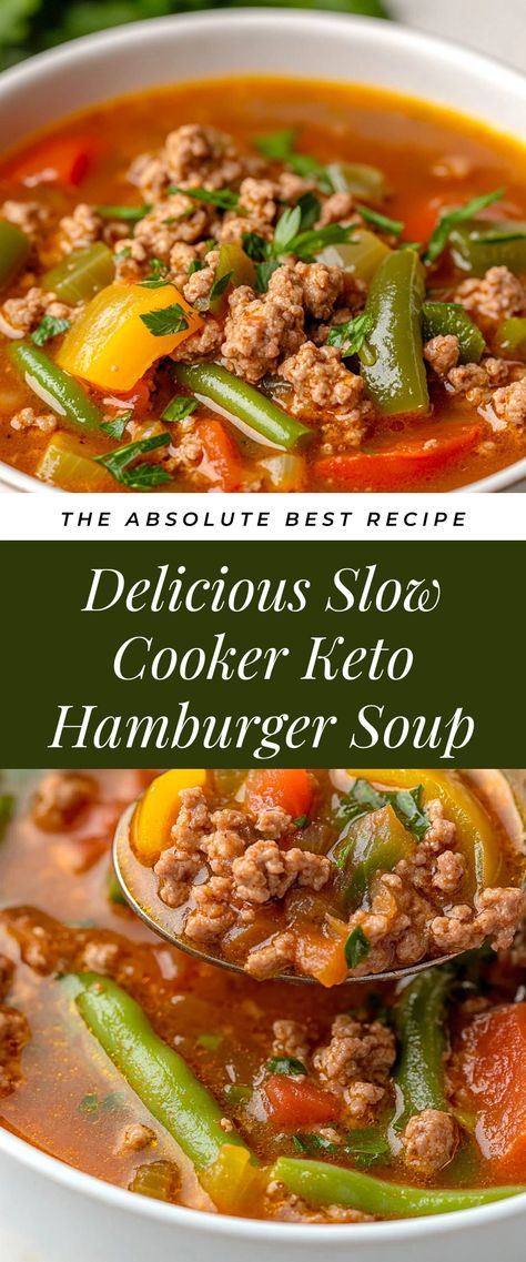 Image for Delicious Slow Cooker Keto Hamburger Soup Keto Cheeseburger Soup Crock Pot, Slow Cooker Keto Meals, Low Carb Hamburger Crockpot Recipes, Keto Slow Cooker Soups, Ground Beef Keto Soup, Keto Hamburger Soup Crock Pot, Keto Crockpot Hamburger Recipes, Keto Soup With Hamburger Meat, Keto Beef Broth Soup Recipes