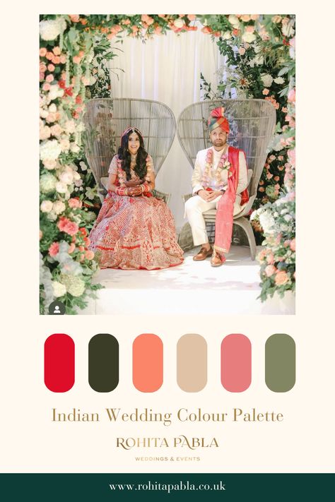 Your wedding colour palette will influence all the creative decisions for your wedding day. Picking a combination of complementary colours that you love is incredibly important. Your colour palette will influence your venue design, florals, wedding party outfits and table settings.  As an Asian wedding Planner, I help create a colour palette that will make your wedding dreams come true. To begin your wedding planning journey today, click the link to visit our website. Photography by Mohsin Ali Desi Wedding Color Schemes, South Indian Wedding Color Palette, Indian Wedding Palette, Wedding Color Schemes Indian, Indian Traditional Color Palette, Sangeet Color Palette, Indian Wedding Colour Themes, Indian Wedding Colour Palette, Indian Wedding Theme Ideas Color Schemes