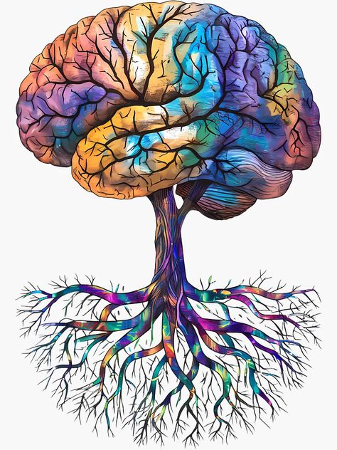 "Neurodivergent Brain Tree of Knowledge - Vibrant Brain and Roots Art" Sticker for Sale by WatermelonPink | Redbubble Science Related Art, Brain Tree Tattoo, Brain Illustration Design, Brain Painting Acrylic, Brain Art Creative, Brain Drawing Creative, Brain Tattoo Psychology, Brain Drawings, Brain Art Neuroscience