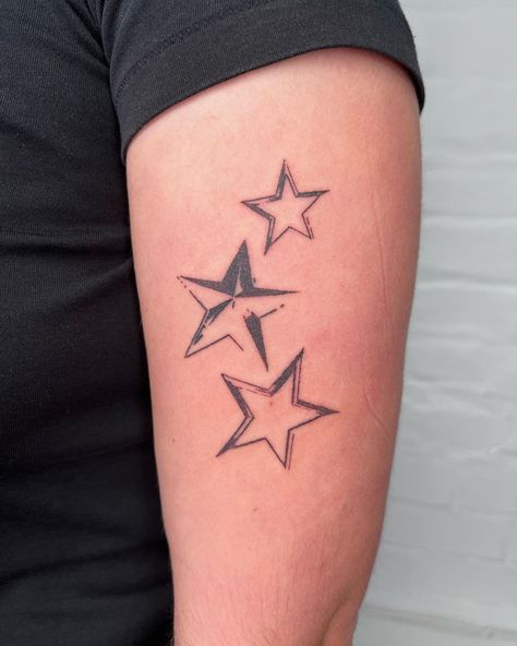 Stars On Hips Tattoo, Triangle Pattern Tattoo, Men Star Tattoos, Stars Tattoo Arm, Stars Tattoo For Men, Y2k Star Tattoo, Star Arm Tattoo, Star Filler Tattoos, 3 Stars Tattoo