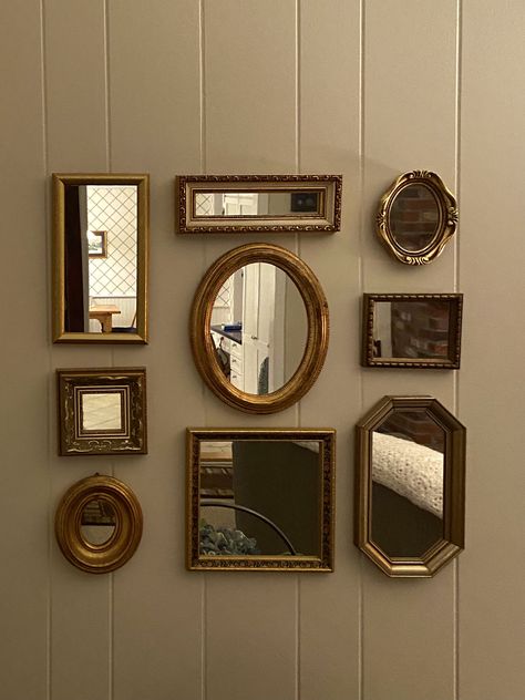 Gallery Wall With Center Photo, Multiple Antique Mirrors On Wall, Mirror Gallery Wall Bathroom, Small Vintage Wall Mirror, Small Mirror Wall Decor Ideas Bedroom, Wall Of Small Mirrors, Antique Frames On Wall Ideas, Multiple Mirrors On Wall, 20s Interior Design