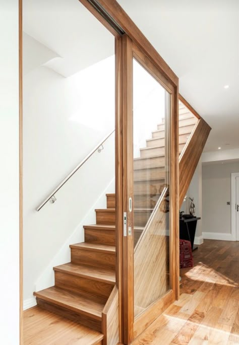 Sliding Doors Sliding Door Stairs, Open Wooden Staircase, Door For Stairs Stairways, Wooden Glass Sliding Door Design, Staircase Door Ideas, Staircase With Door, Glass Door With Wooden Frame, Town House Renovation, Complete House Renovation