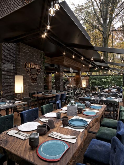 VWArtclub - Steak House Steakhouse Design Interiors, Steakhouse Restaurant Design, Steakhouse Design, Restaurant Design Rustic, Luxury Restaurant Interior, Outdoor Restaurant Patio, Restaurant Exterior Design, Modern Restaurant Design, Outdoor Restaurant Design