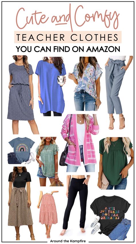 an article featuring comfortable clothes for teachers that you can find on Amazon Best Amazon Shirts For Women, Teacher Capsule Wardrobe Spring 2023, Teacher Basics Wardrobe, Teacher Outfits Amazon 2023, Teacher Amazon Outfits, Teacher Wardrobe 2023, Amazon Teacher Outfits 2023, Back To School Outfits For Teachers, Amazon Teacher Clothes