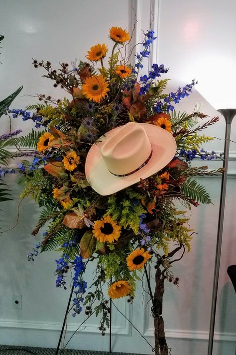 Cowgirl Flower Arrangement, Cemetery Flowers For Men, Cowboy Flower Arrangement, Western Casket Spray, Rustic Casket Sprays For Men, Cowboy Boot Flower Arrangement, Manly Floral Arrangements, Floral Spray Arrangement, Memorial Flowers Arrangements