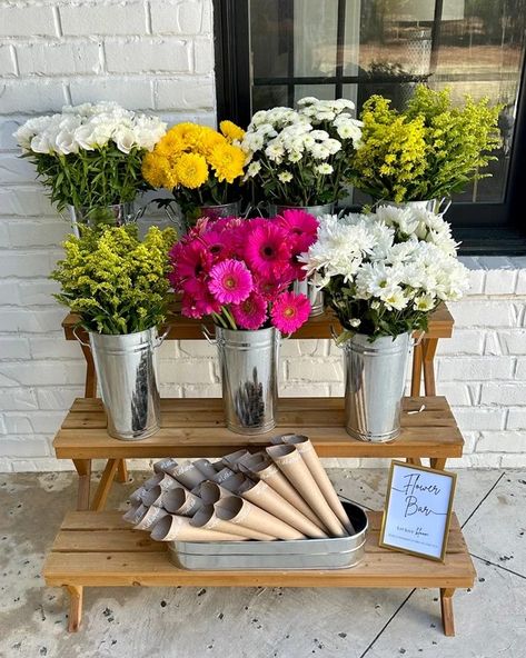 Flower Bar Sign, Bday Brunch, Make A Bouquet, 3 Tier Stand, 25th Bday, Shower Flowers, Garden Party Bridal Shower, Bridal Shower Inspo, Galvanized Buckets