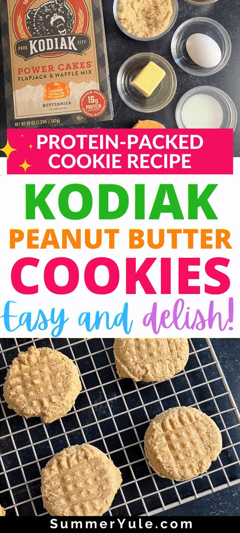 These Kodiak Cakes Peanut Butter Cookies will become your new favorite healthy peanut butter cookie recipe. My pancake mix cookies have more protein than classic peanut butter cookies, and they're made with whole grains. Learn how to make cookies from pancake mix, get pancake cookies nutrition info, and more. Use these peanut butter cookies for Weight Watchers, or stir in chocolate chips for an indulgent touch! Protein Pumpkin Cookies Kodiak, Kodiak Pumpkin Cookies, How To Make Protein Cookies, Kodiak Peanut Butter Cookies, Kodiak Mix Cookies, Diy Kodiak Mix Recipe, Kodiak Pancake Mix Cookies, Kodiak Cookies Chocolate Chips, High Protein Peanut Butter Cookies