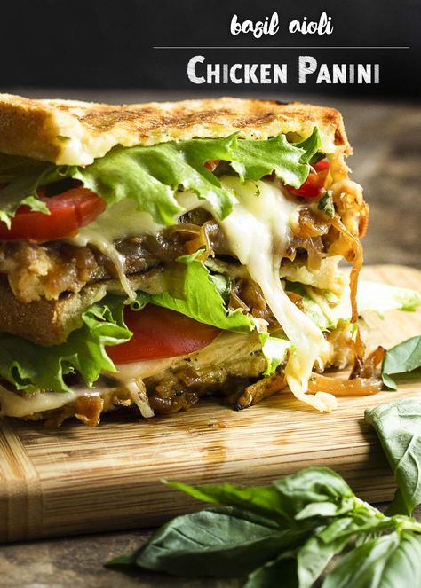 Creamy fontina cheese and sweet caramelized onions are paired with sliced chicken and a basil aioli in this chicken pesto panini. | justalittlebitofbacon.com Fresh Mozzarella Sandwich, Best Panini Recipes, Panini Press Recipes, Chicken Pesto Panini, Caprese Panini, Roast Beef And Horseradish, Pesto Panini, Cheese Panini, Basil Aioli