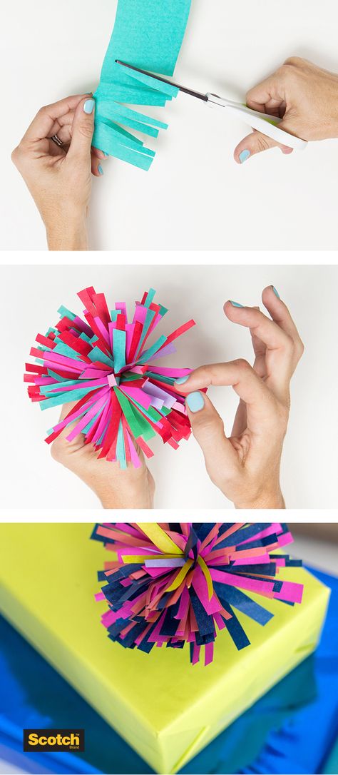 Easy DIY tissue paper pom! @Scotch Gift Wrap Tissue Paper Packaging Ideas, How To Make A Bow Out Of Tissue Paper, Pom Pom Wrapping Ideas, Diy Wrapping Paper Bows, Tissue Paper Bows Diy Gift Wrapping, Wrapping In Tissue Paper, Diy Paper Pom Poms, How To Decorate A Gift Bag Tissue Paper, Paper Gift Toppers Diy