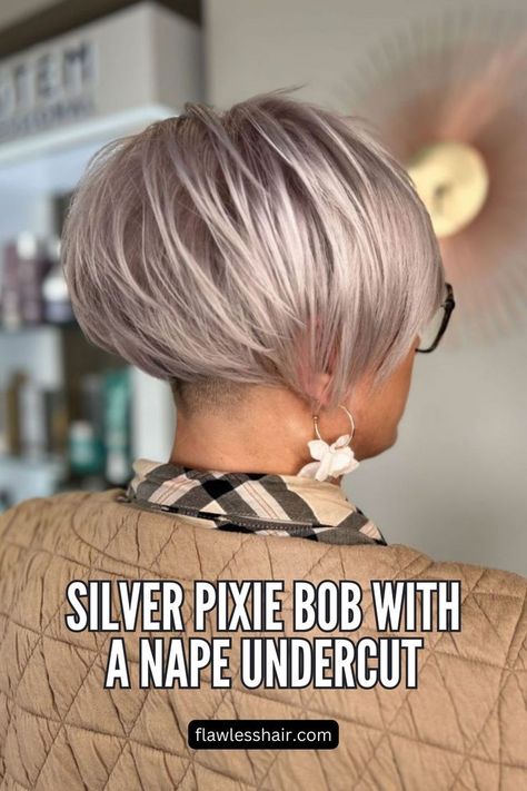 Silver Pixie Bob With A Nape Undercut Growing Out Undercut, Pixie Bob Cut, Low Maintenance Haircuts For Women, Undercut Bob Haircut, Silver Pixie, Undercut Bob, Bold Women, Pixie Crop, Nape Undercut