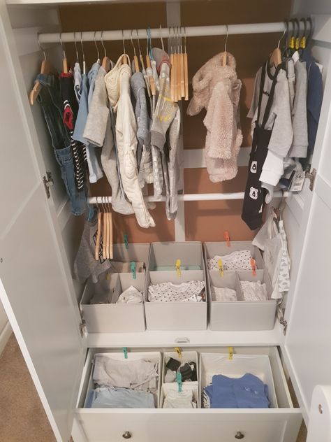 Nursery Wardrobe Organisation, Small Wardrobe Room, Nursery Cupboard, Baby Wardrobe Organisation, Baby Wardrobe Ideas, Small Wardrobe Organisation, Small Baby Nursery, Baby Cupboard, Nursery Wardrobe