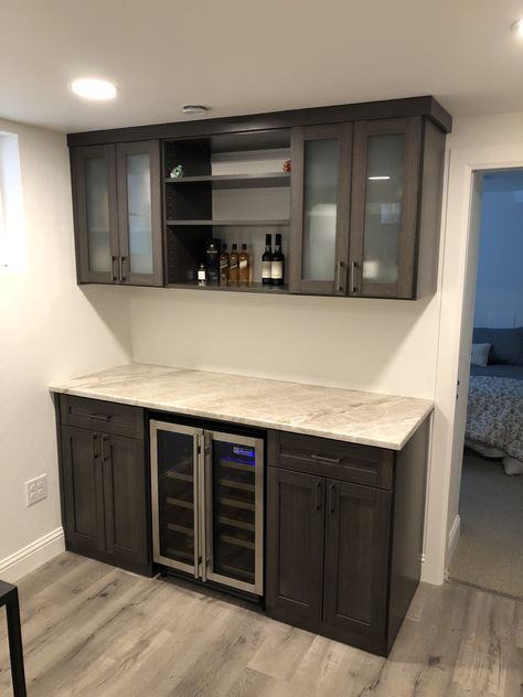 Dry Basement Bar, Basement Bar Without Sink, Small Bar With Fridge, Basement Bar No Sink, Basement Bar Simple, Small Bar Basement, Walk Up Bar Basement, Basement Dry Bar With Fridge, Wet Bar Designs Basement