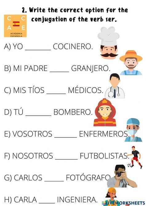 El verbo ser online exercise for 1. You can do the exercises online or download the worksheet as pdf. Spanish Exercises, Spanish Classroom Activities, Learning Spanish For Kids, Learning Spanish Vocabulary, Spanish Worksheets, Spanish Lesson Plans, Spanish Verbs, Spanish Teaching Resources, Elementary Spanish