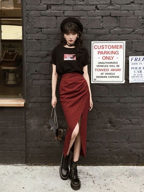 Womens Long Skirt, High Waist Long Skirt, Red Skirt, Party Skirt, Goth Outfits, Alternative Outfits, Edgy Outfits, Looks Style, Grunge Outfits