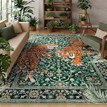 Green Rug Bedroom, Eclectic Decor Vintage, Rugs 8x10, Funky Living Rooms, Hangout Room, African Rugs, Tiger Rug, Jungle Room, Trendy Furniture