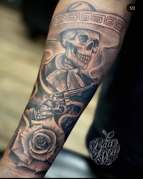 Mexican Gothic Tattoo, Mexican Gunslinger Tattoo, Mexican Mariachi Tattoo, Mexican Soldier Tattoo, Dia De Los Muertos Tattoo Ideas Sleeve, Spanish Tattoos Men, Dia De Los Muertos Tattoo Ideas Men, Mexican Themed Tattoos, Mexican Cowboy Tattoo