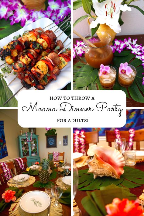 Disney fans, learn how to host a Moana themed dinner party for adults! This colorful Hawaiian menu celebrates the island and the sea. #Moana #Moanaparty #Disneyparty #disneyfood #Hawaiianparty #Hawaiianfood #Moanaparty Moana Menu Ideas, Disney Dinner Party For Adults, Moana Themed Dinner Ideas, Hawaiian Theme Dinner Party, Hawaiian Themed Dinner, Moana Dinner Ideas, Disney Themed Dinner Party, Moana Inspired Food, Island Themed Food