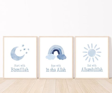 Set of 3 Children's Islamic Wall Art Begin With - Etsy Saudi Arabia Islamic House, Islamic Nursery, Start With Bismillah, Art Islamic, Muslim Kids, Neutral Art, Boho Kids, Kids Wall Art, Room Pictures