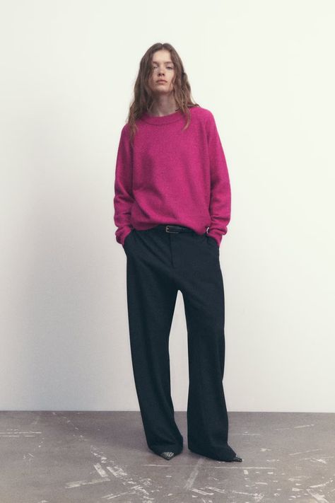 Magenta Sweater, Winter Sweater Outfits, Cashmere Pants, Satin Wrap Dress, Viva Magenta, Satin Trousers, Monochrome Outfit, Knit Outfit, Color Of The Year