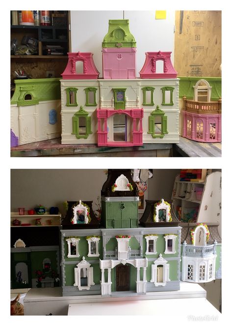 Fisher price dollhouse makeover Repurposed Dollhouse Upcycling, Repaint Dollhouse, Loving Family Dollhouse Makeover, Christmas Dollhouse Makeover, Repainted Dollhouse, Fisher Price Dollhouse Makeover, Plastic Dollhouse Makeover, Dollhouse Upcycle, Dollhouse Repaint