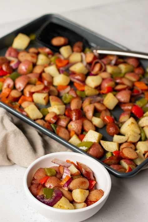 Simple, affordable and delicious...try our new Hot Dog Sheet Pan Dinner! Hot Dog Sheet Pan Dinner, Recipes Using Weiners, Hot Dogs And Potatoes, Weiner Recipes Meals, Hot Dog Weiner Recipes, Hot Dog Sausage Recipes, Hot Dog Casseroles, Hot Dog Recipes Casserole, Weiner Recipes