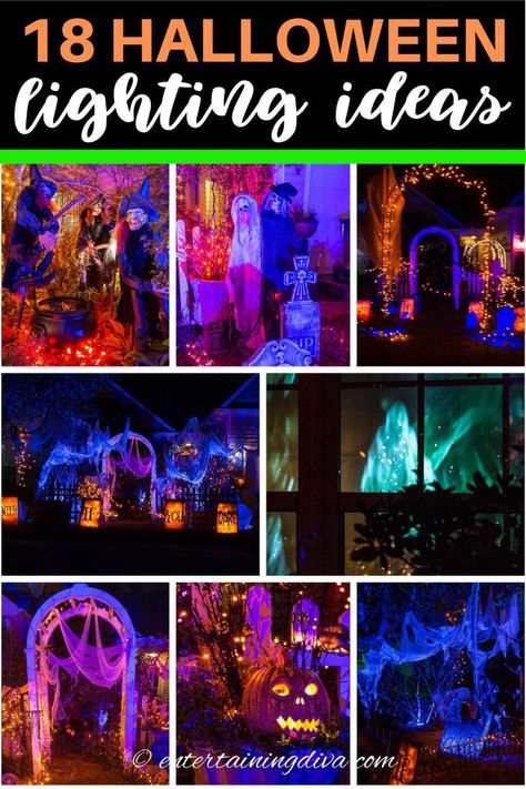 Halloween Lights Outdoor, Front Yard Halloween, Spooky Outdoor Halloween Decor, Halloween Lighting, Halloween Lighting Outdoor, Hallowen Party, Outdoor Decor Ideas, Outdoor Lighting Ideas, Outdoor Halloween Decorations