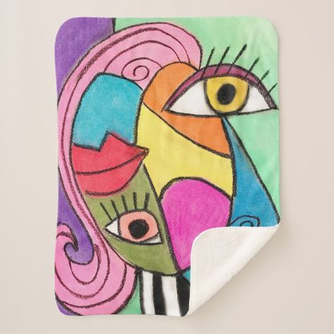 Abstract Face Colorful Cubism Purple Blue Green Sherpa Blanket #artistic #colorful #homedecor #personalize #modern #fun #collegedorm #whimsicalart #zazzlemade #melroseoriginals Semi Abstract Art, Cubism Abstract, Abstract Cubism, Face Fun, Abstract Face Art, Cool Face, Pink Blanket, Abstract Face, Original Abstract Art