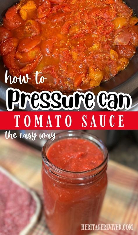 Image of finished tomato sauce and image of tomatoes cooking in slow cooker with text "how to pressure can tomato sauce the easy way" Canning Marinara Sauce, Best Canned Tomatoes, Canning Tomato Sauce, How To Make Tomato Sauce, Canning Pressure Cooker, Preserving Tomatoes, Can Tomato Sauce, Pressure Canning Recipes, Easy Tomato Sauce